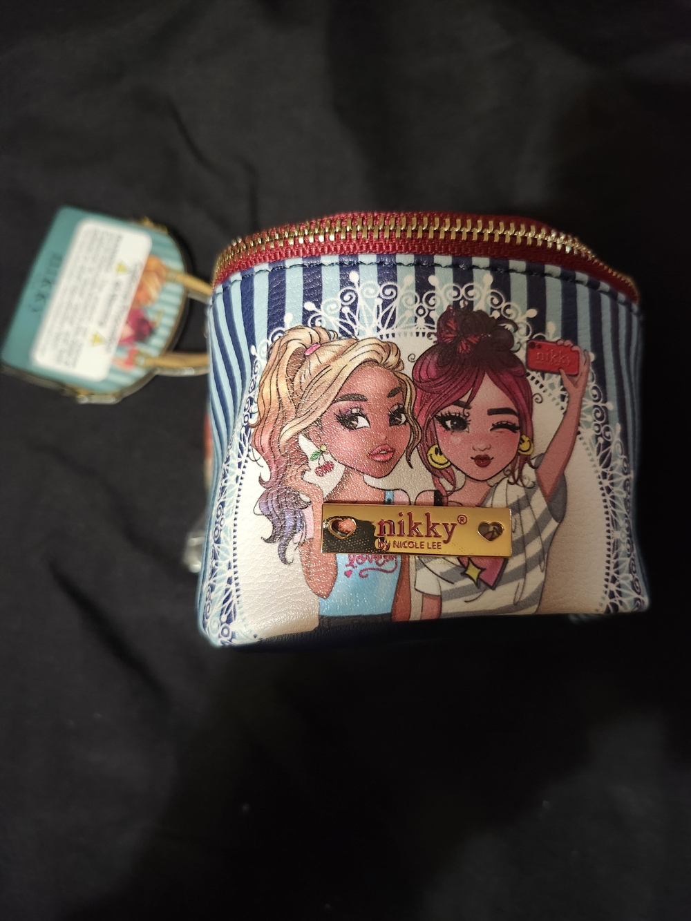 Nicole Lee Blue & White Striped Nikky Coin Purse with Pink Accents